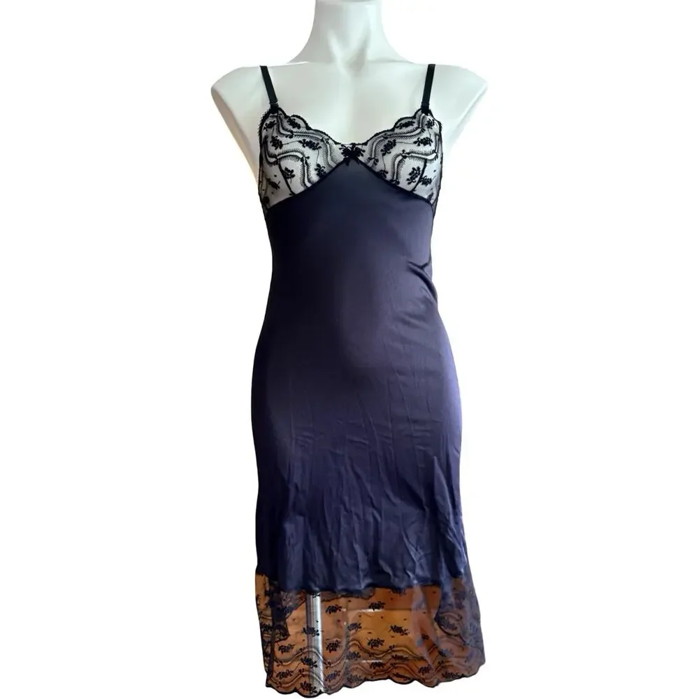 Vintage Black Nylon Lace Slip Dress XS S Goth Coquette Dark Romantic Grunge